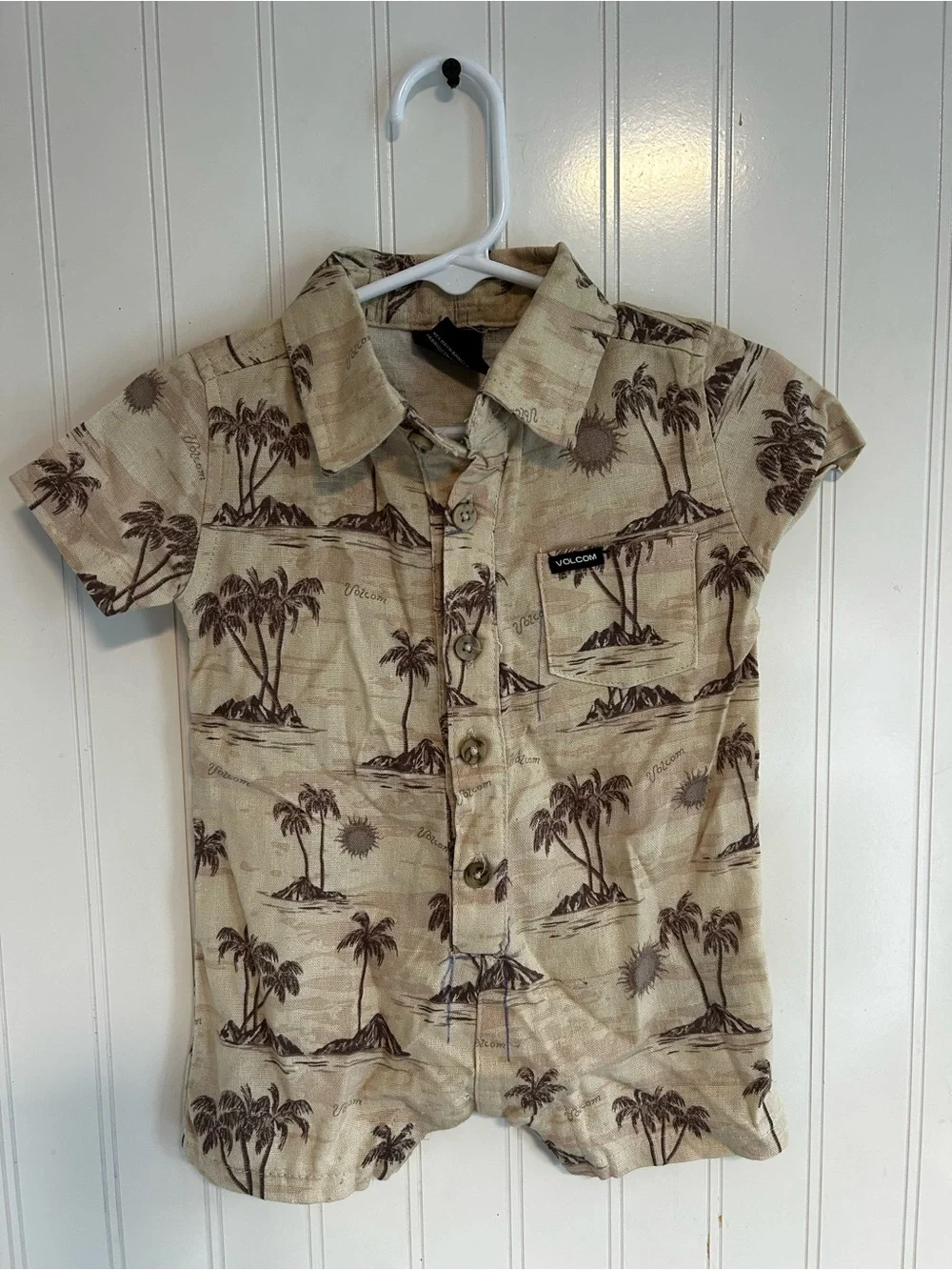 Volcom Beige Palm-Print Short Sleeve Button Front Shirt